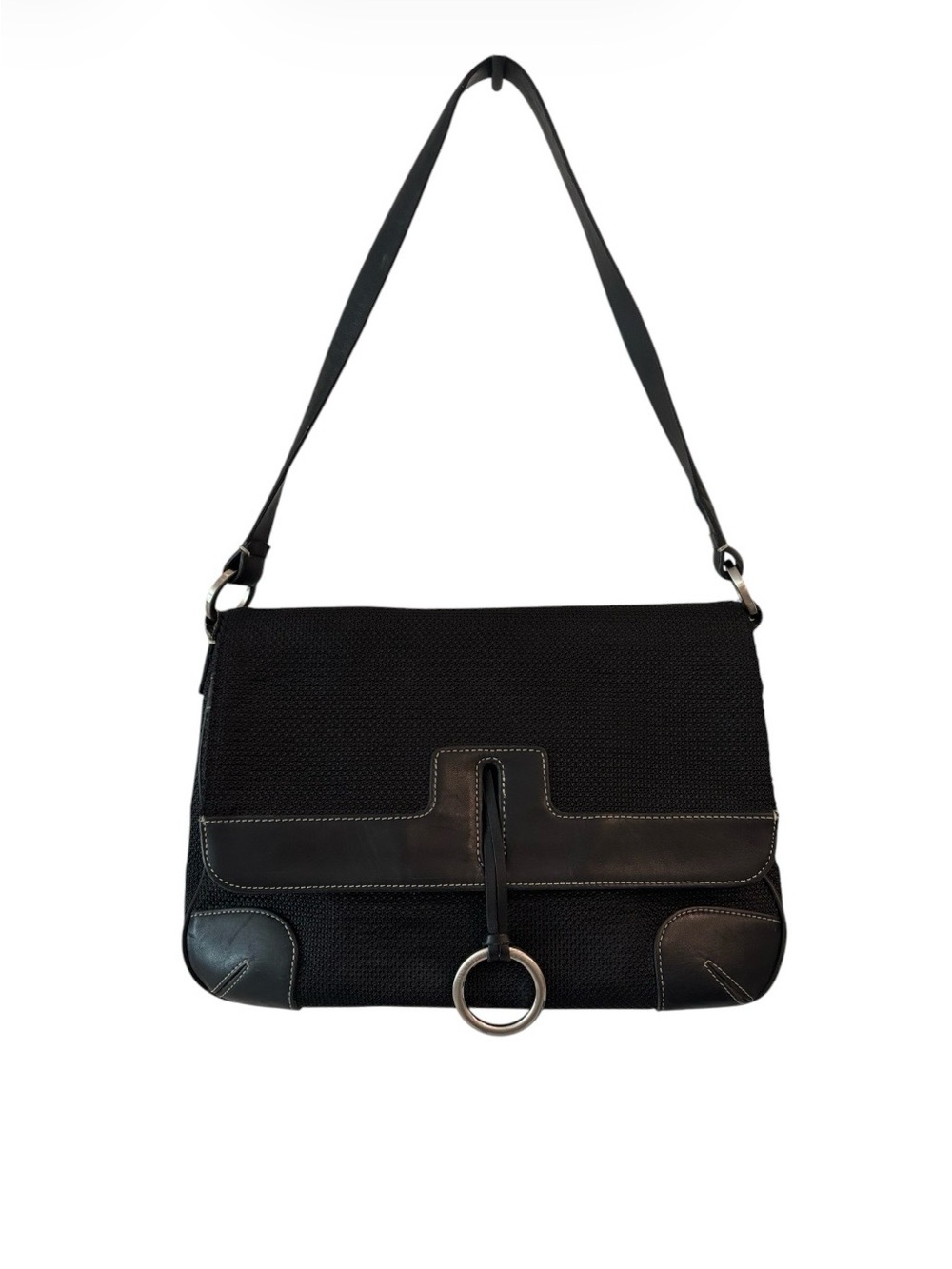 Antonio Melani Classic Black Leather and Mesh Canvas Shoulder Bag